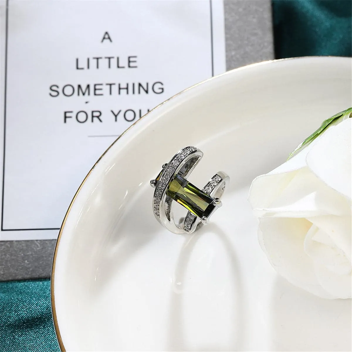 Olive Cubic Zirconia & Crystal Geometric Ring