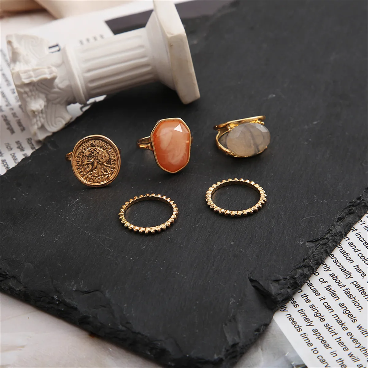 Orange Resin & 18K Gold-Plated Coin Ring Set