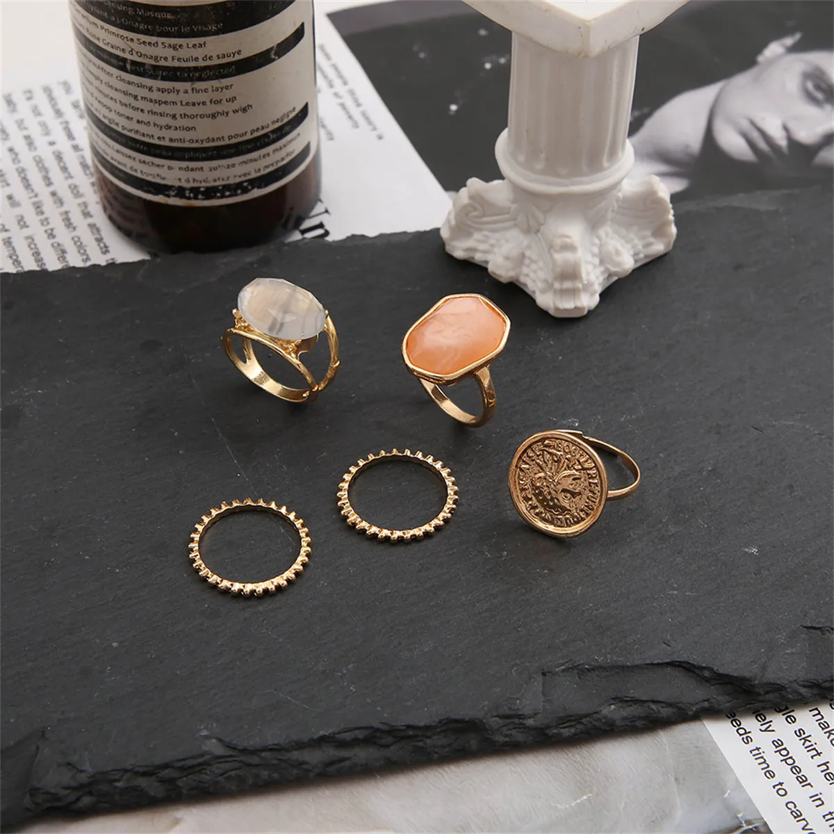 Orange Resin & 18K Gold-Plated Coin Ring Set