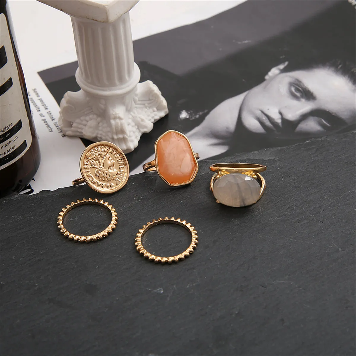 Orange Resin & 18K Gold-Plated Coin Ring Set