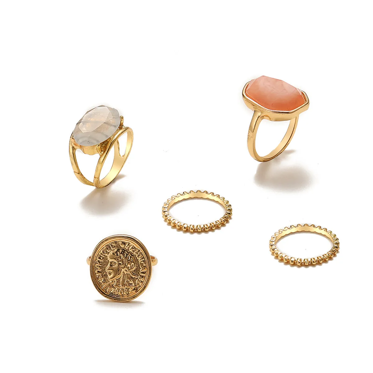 Orange Resin & 18K Gold-Plated Coin Ring Set