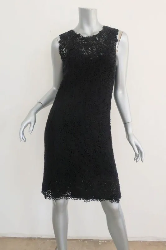 Oscar de la Renta Dress Black Sequined Crochet Lace Size Small Sleeveless LBD