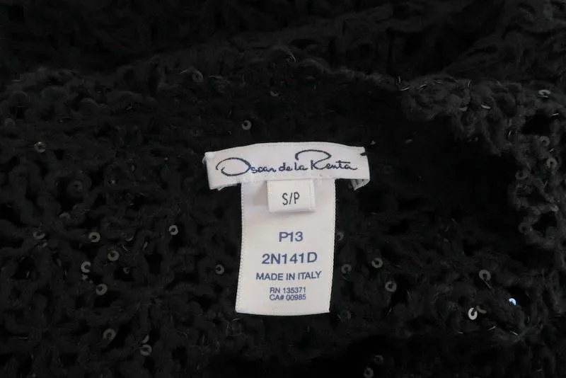 Oscar de la Renta Dress Black Sequined Crochet Lace Size Small Sleeveless LBD
