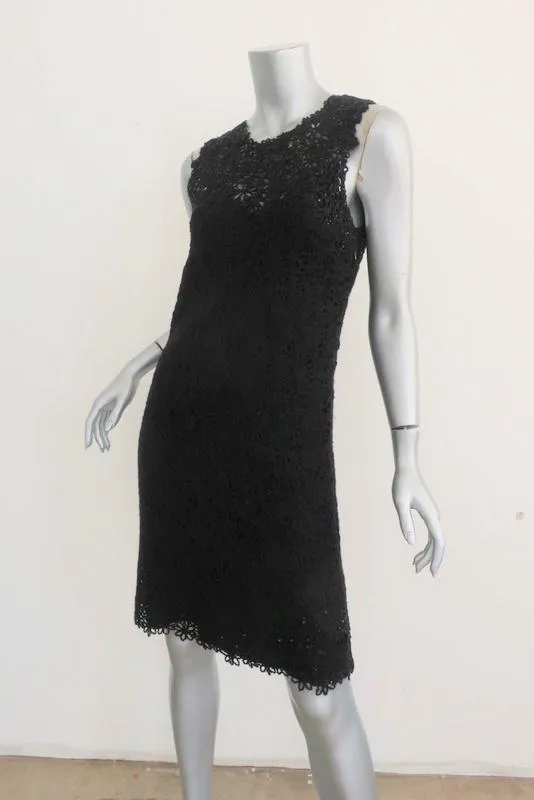 Oscar de la Renta Dress Black Sequined Crochet Lace Size Small Sleeveless LBD