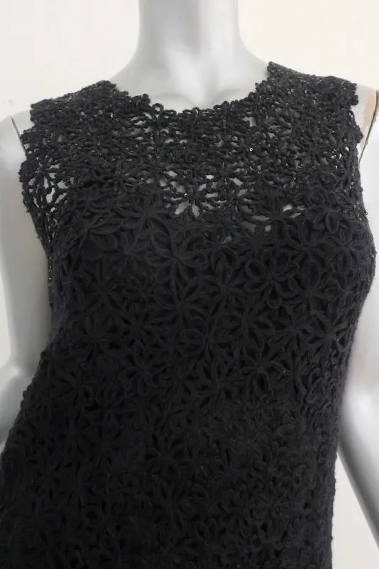 Oscar de la Renta Dress Black Sequined Crochet Lace Size Small Sleeveless LBD