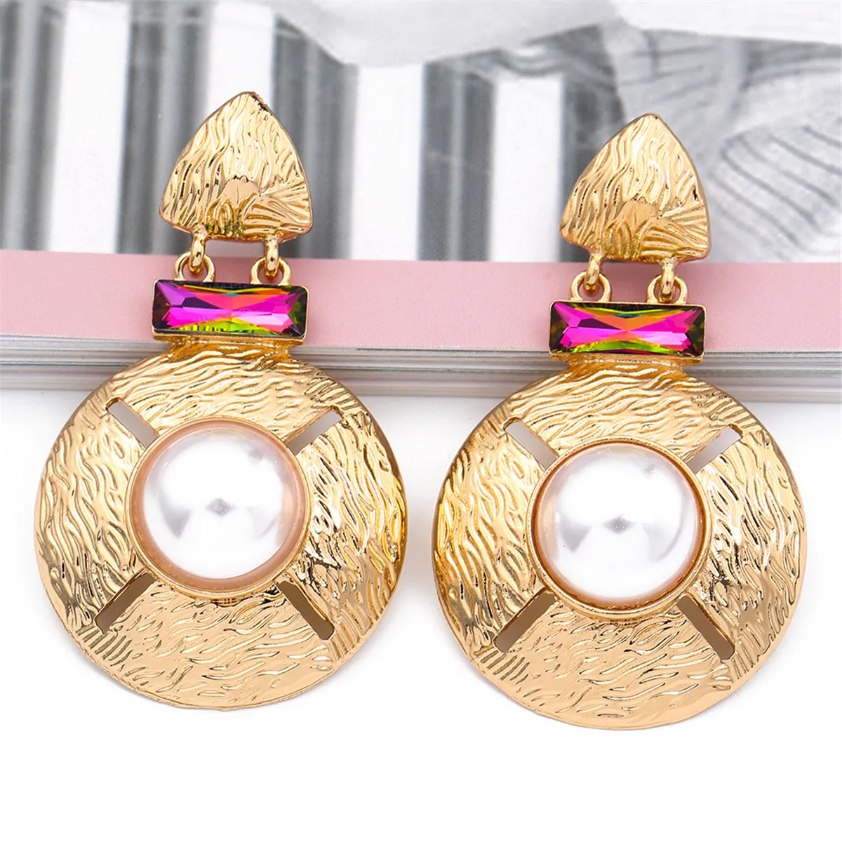 Pearl & Multi-Color Crystal 18k Gold-Plated Round Geometric Drop Earrings