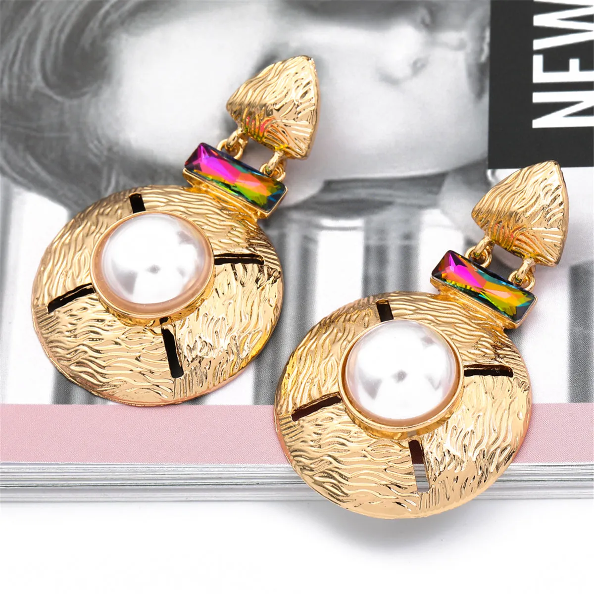 Pearl & Multi-Color Crystal 18k Gold-Plated Round Geometric Drop Earrings