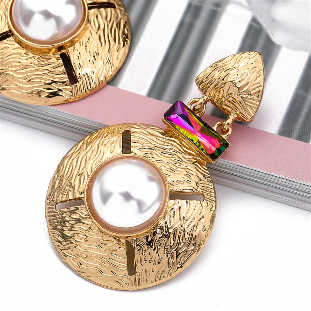 Pearl & Multi-Color Crystal 18k Gold-Plated Round Geometric Drop Earrings