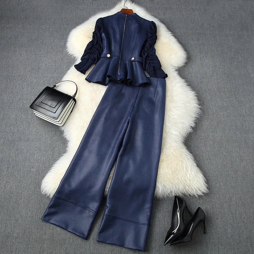 Pearl Suede Splicing Net Yarn Ruffled Sleeves Tops Wide Leg Pants Two-piece Set