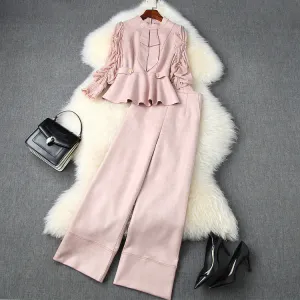 Pearl Suede Splicing Net Yarn Ruffled Sleeves Tops Wide Leg Pants Two-piece Set