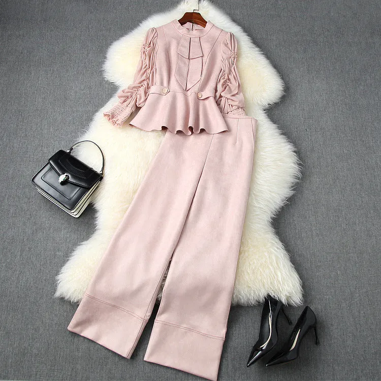 Pearl Suede Splicing Net Yarn Ruffled Sleeves Tops Wide Leg Pants Two-piece Set