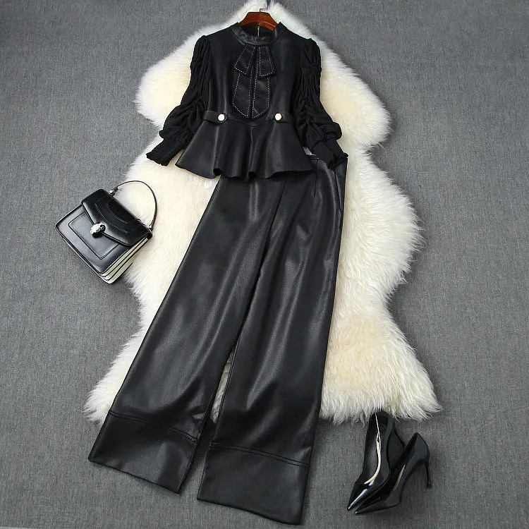 Pearl Suede Splicing Net Yarn Ruffled Sleeves Tops Wide Leg Pants Two-piece Set