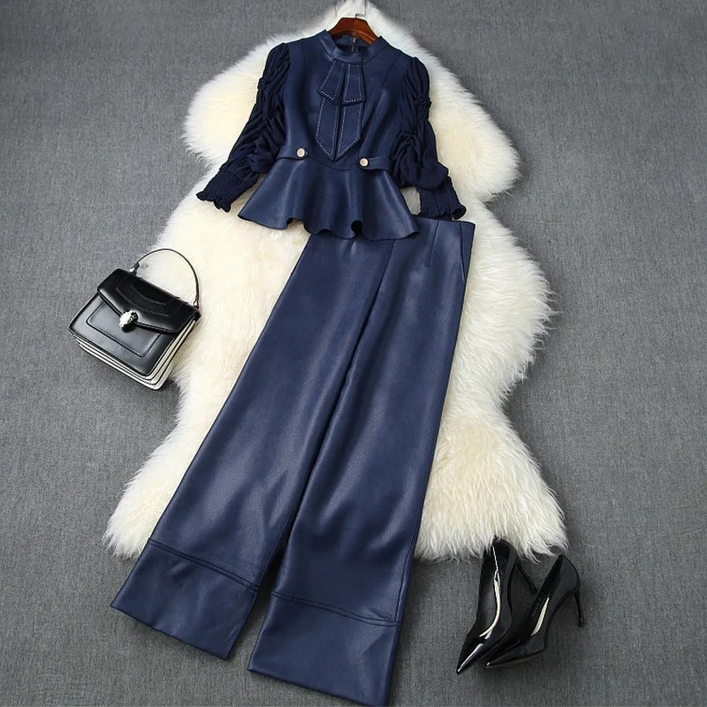 Pearl Suede Splicing Net Yarn Ruffled Sleeves Tops Wide Leg Pants Two-piece Set