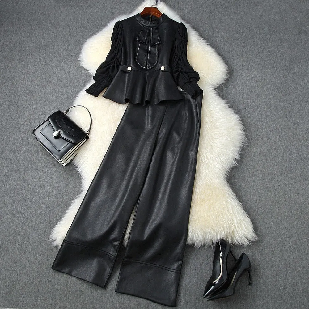 Pearl Suede Splicing Net Yarn Ruffled Sleeves Tops Wide Leg Pants Two-piece Set