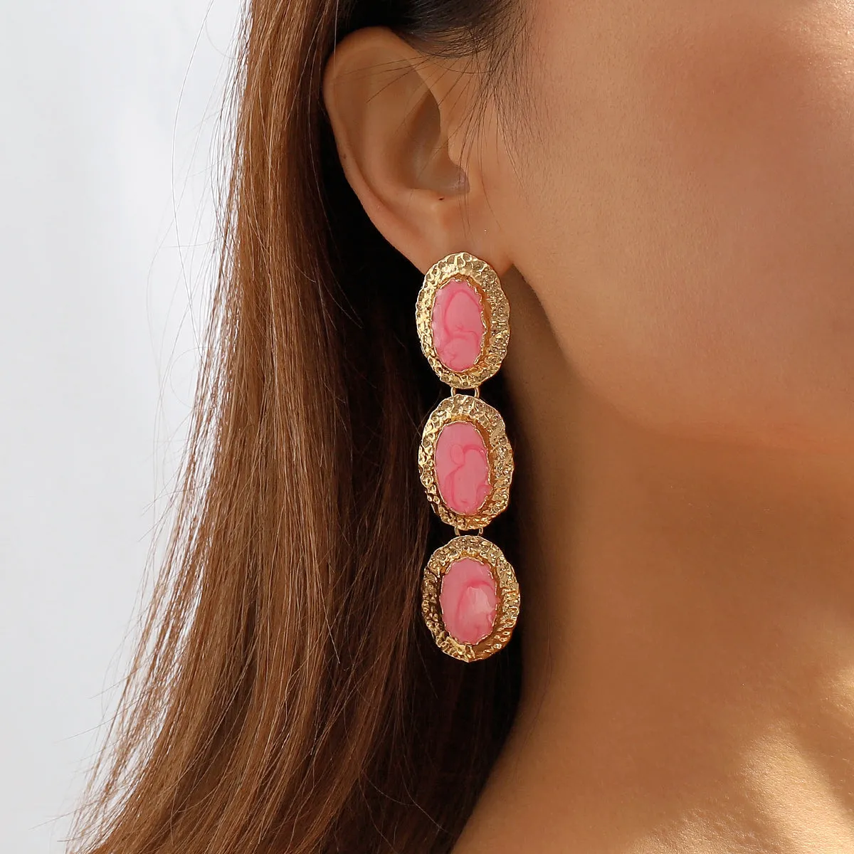 Pink Enamel & 18K Gold-Plated Textured Oval Trio Drop Earrings