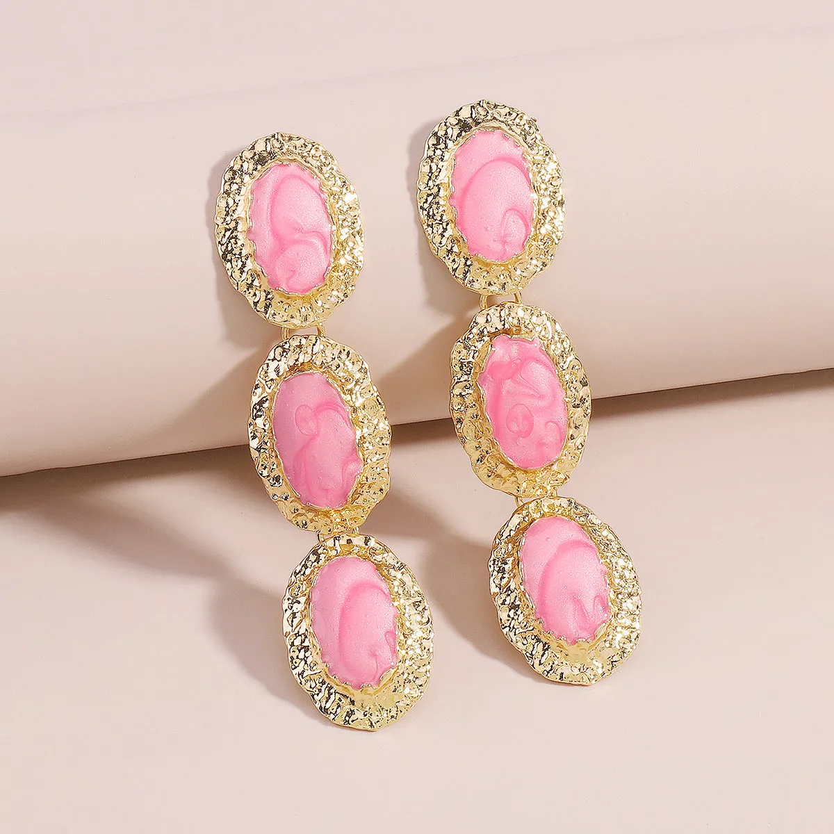 Pink Enamel & 18K Gold-Plated Textured Oval Trio Drop Earrings