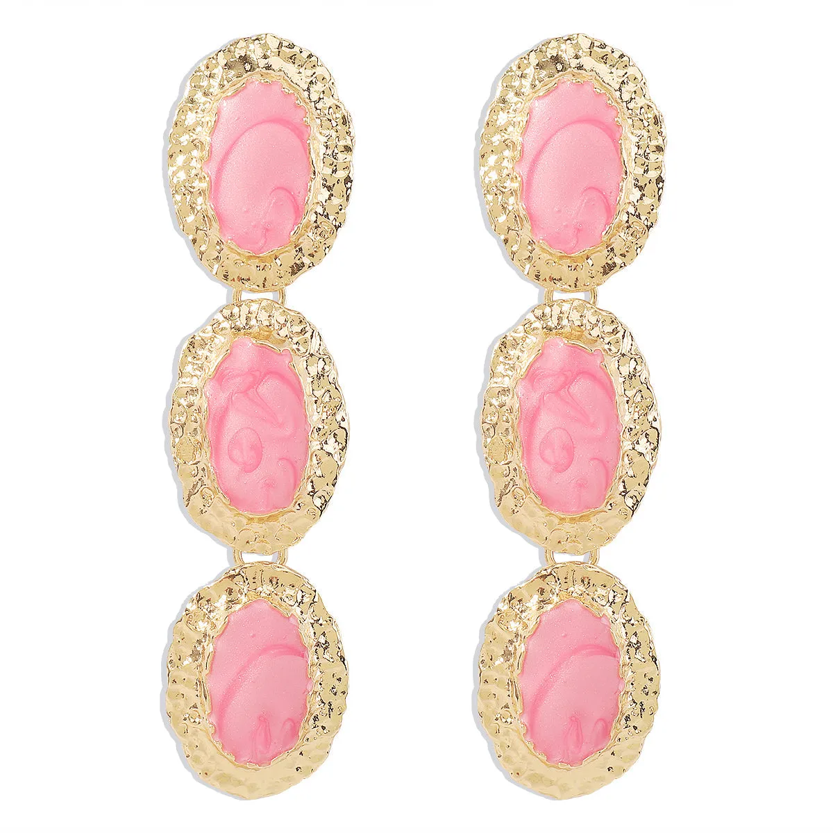 Pink Enamel & 18K Gold-Plated Textured Oval Trio Drop Earrings