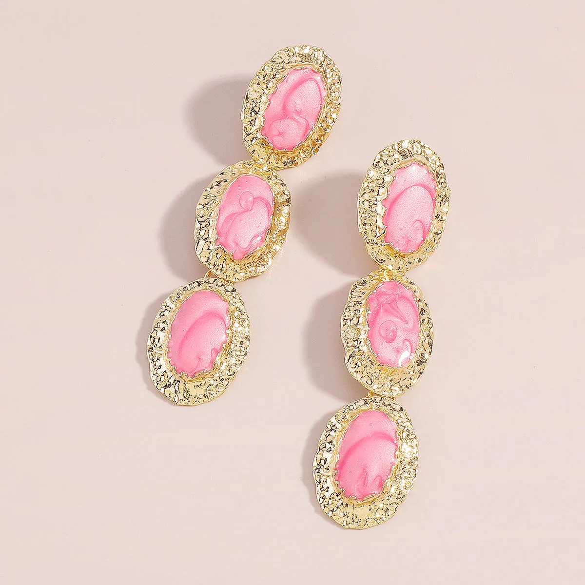 Pink Enamel & 18K Gold-Plated Textured Oval Trio Drop Earrings