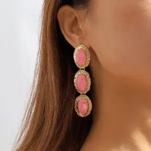 Pink Enamel & 18K Gold-Plated Textured Oval Trio Drop Earrings