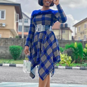 Plaid Patchwork Long Sleeve Asymmetric Hem Dress