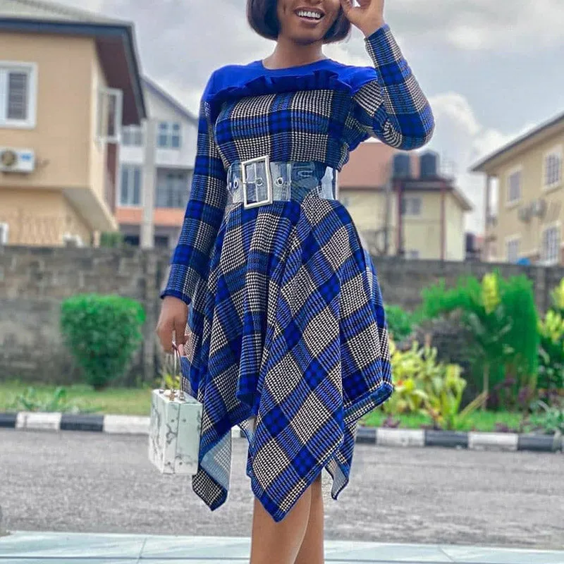 Plaid Patchwork Long Sleeve Asymmetric Hem Dress