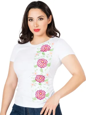 Playera Artesanal Cuello Redondo Bordada de Flores para Mujer