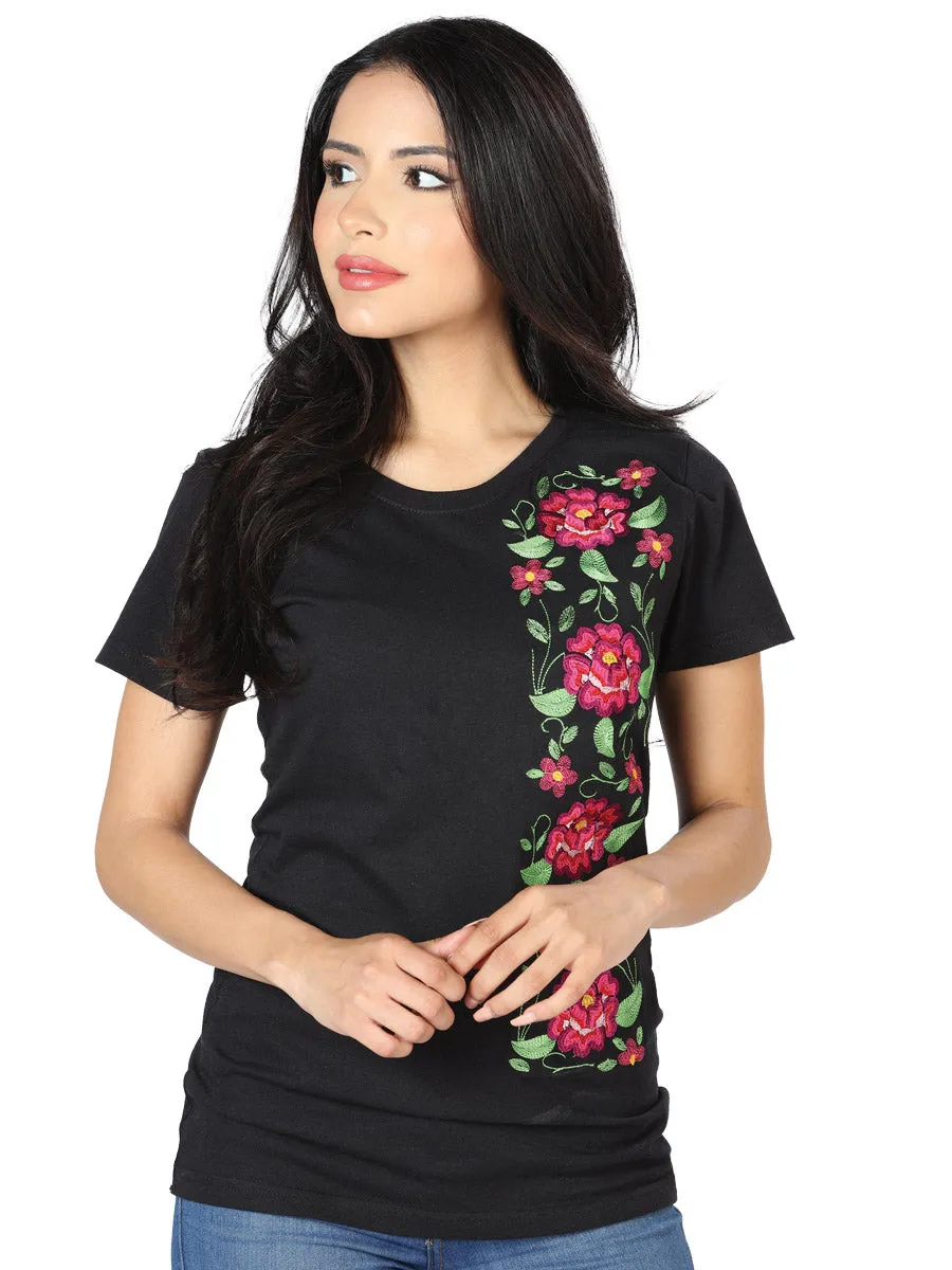Playera Artesanal Cuello Redondo Bordada de Flores para Mujer