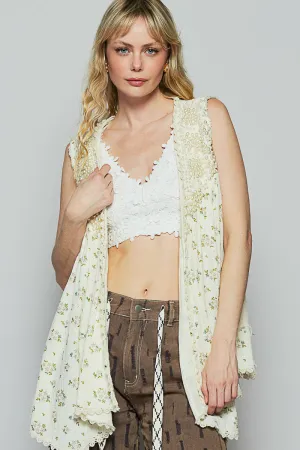 POL Women's Cream Floral A-Line Open Sleeveless Cardigan