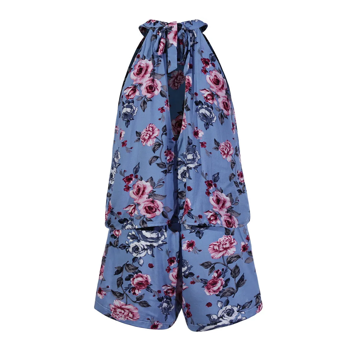 Printed Lace-up Fake Two-piece Jumpsuit Floral Rompers