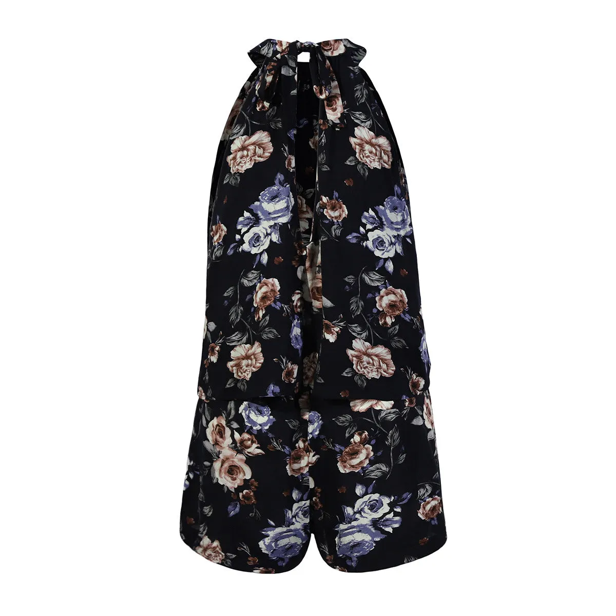Printed Lace-up Fake Two-piece Jumpsuit Floral Rompers