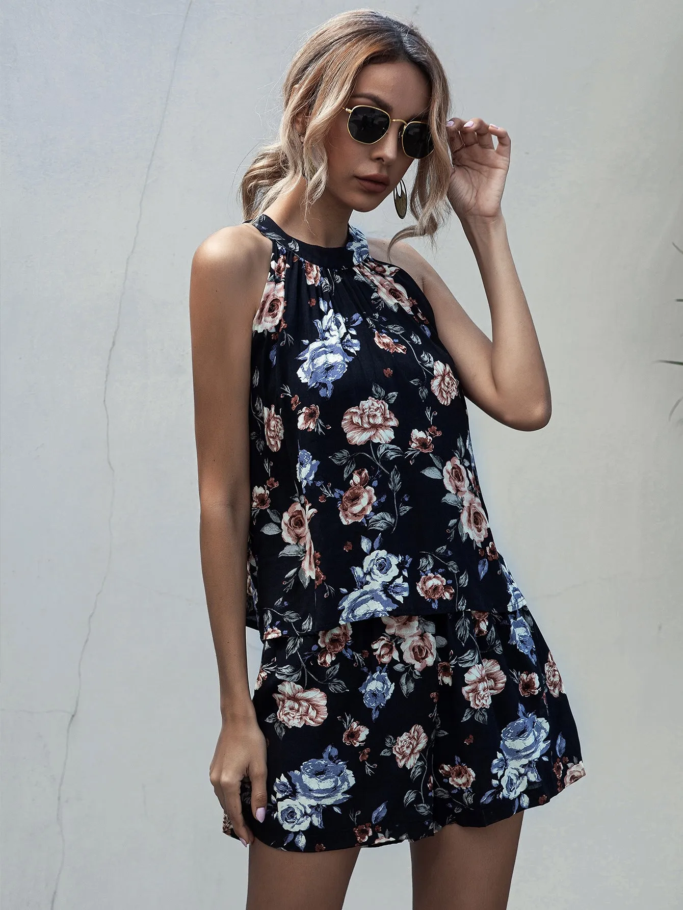 Printed Lace-up Fake Two-piece Jumpsuit Floral Rompers