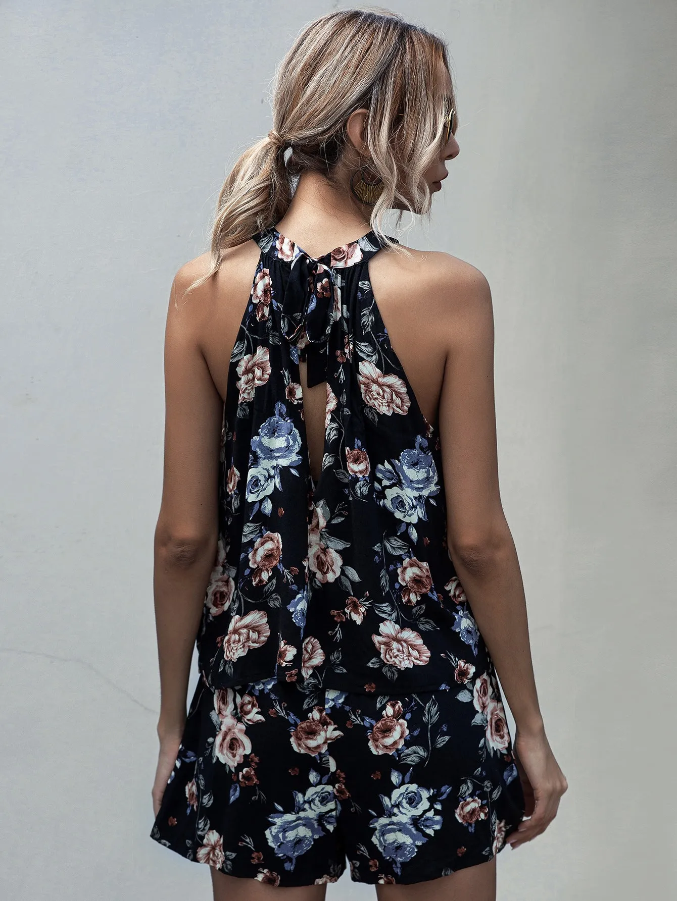 Printed Lace-up Fake Two-piece Jumpsuit Floral Rompers