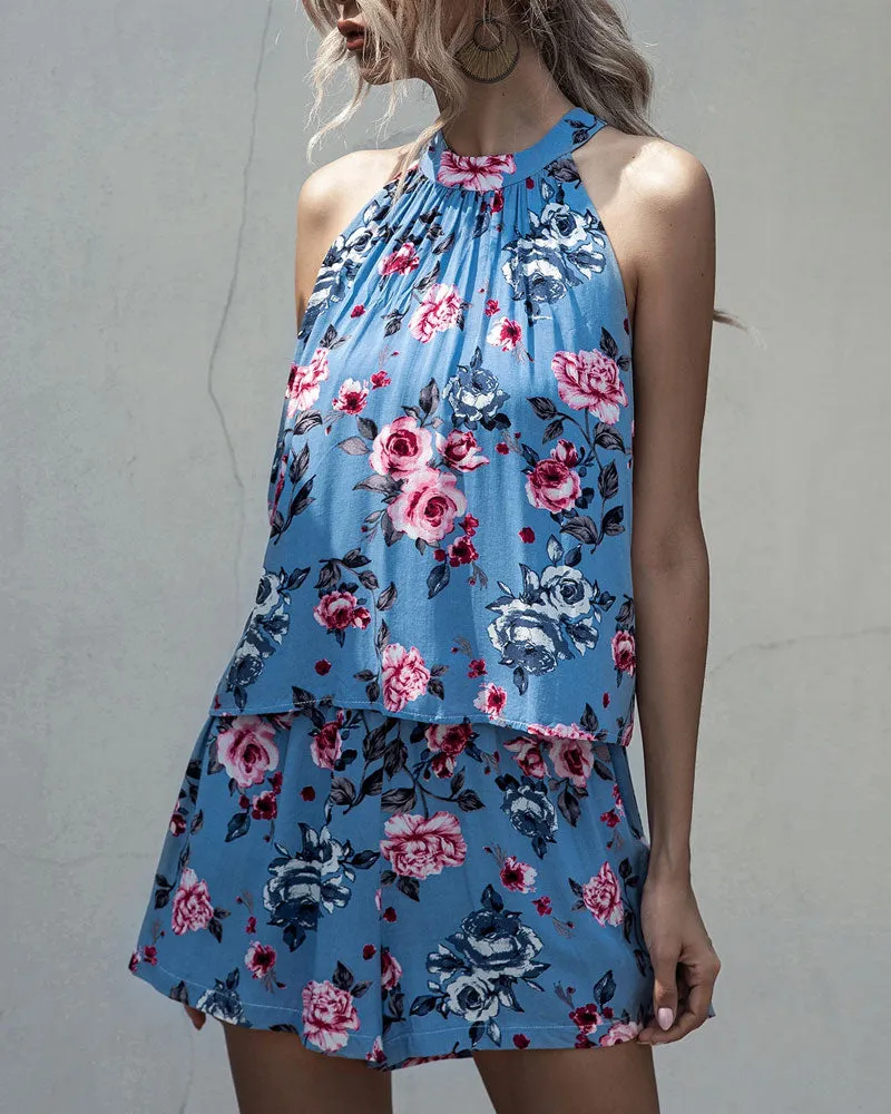 Printed Lace-up Fake Two-piece Jumpsuit Floral Rompers
