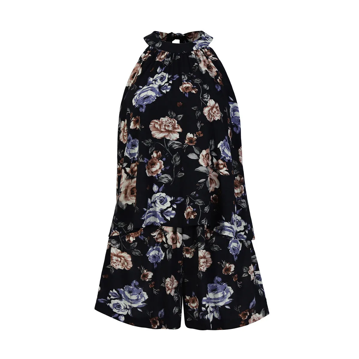 Printed Lace-up Fake Two-piece Jumpsuit Floral Rompers