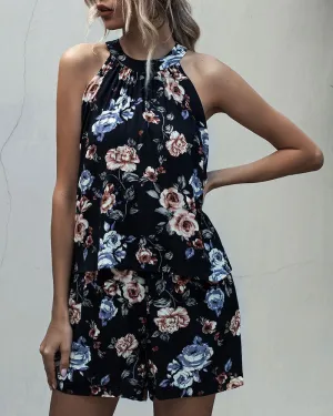 Printed Lace-up Fake Two-piece Jumpsuit Floral Rompers
