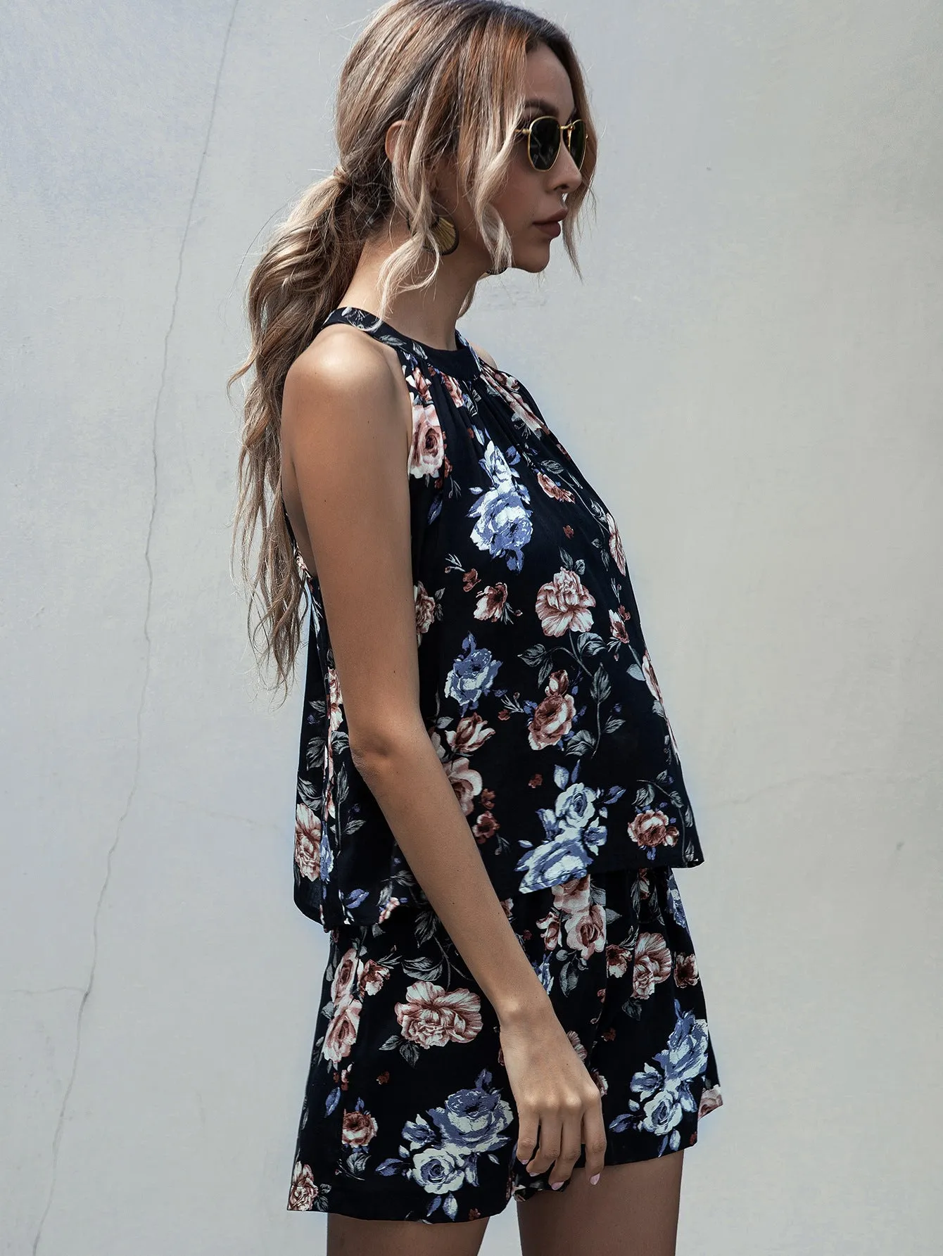 Printed Lace-up Fake Two-piece Jumpsuit Floral Rompers