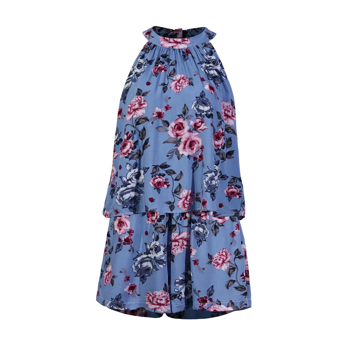 Printed Lace-up Fake Two-piece Jumpsuit Floral Rompers