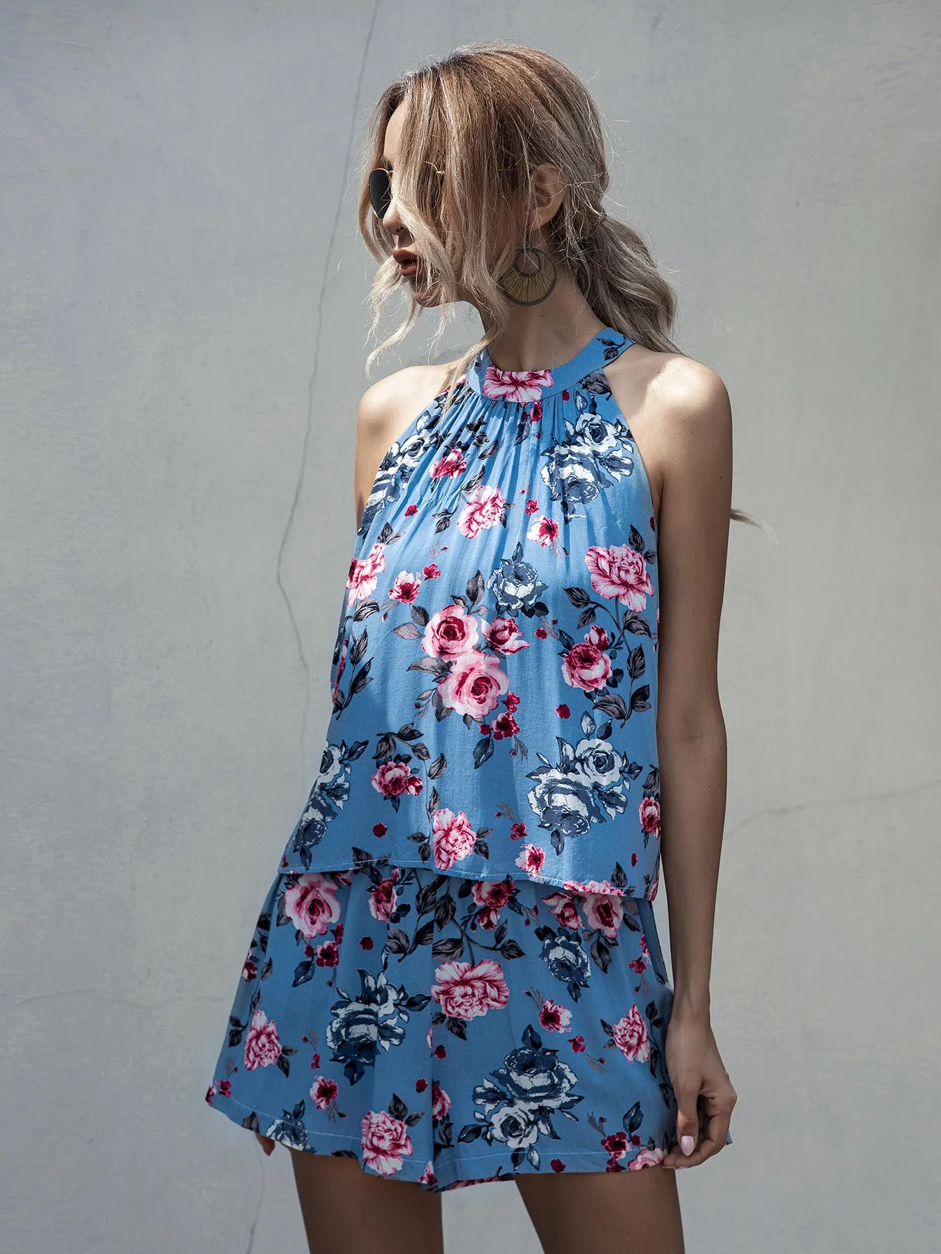 Printed Lace-up Fake Two-piece Jumpsuit Floral Rompers