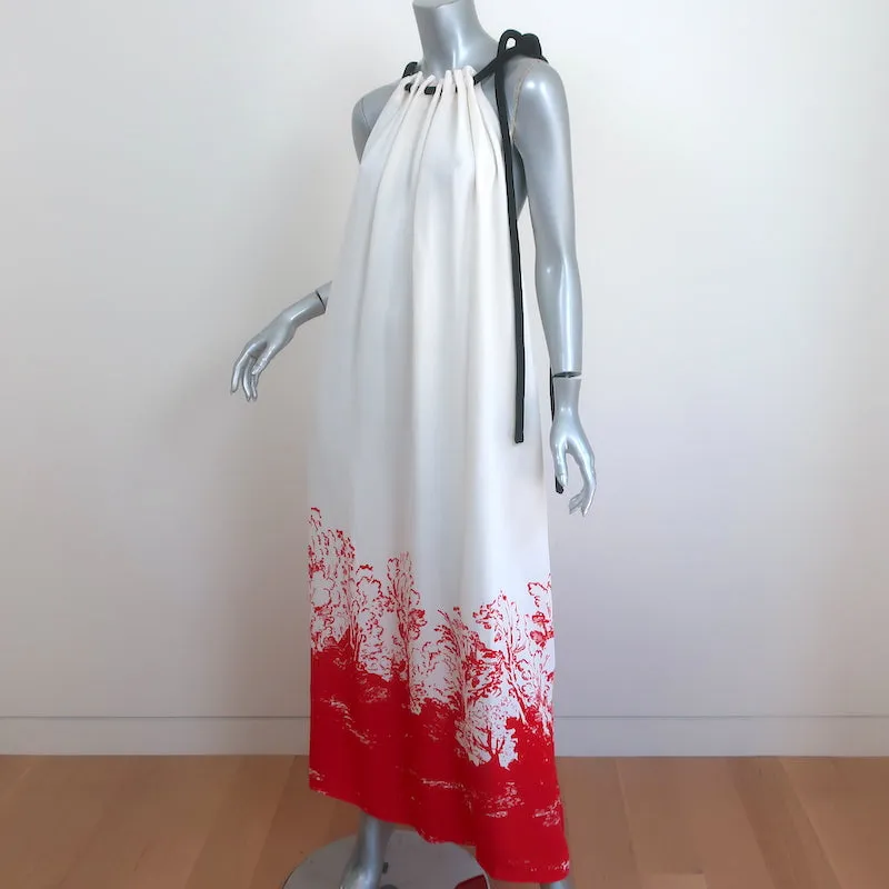 Proenza Schouler Tie-Neck Maxi Dress White/Red Mono Floral Printed Crepe Size 2