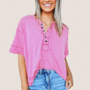 Raw Edge Detailed Button Closure Short Sleeve Top