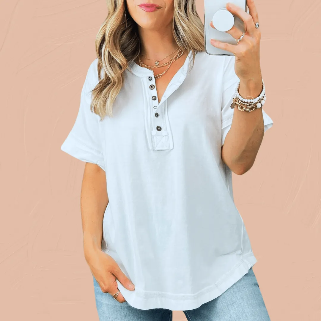 Raw Edge Detailed Button Closure Short Sleeve Top
