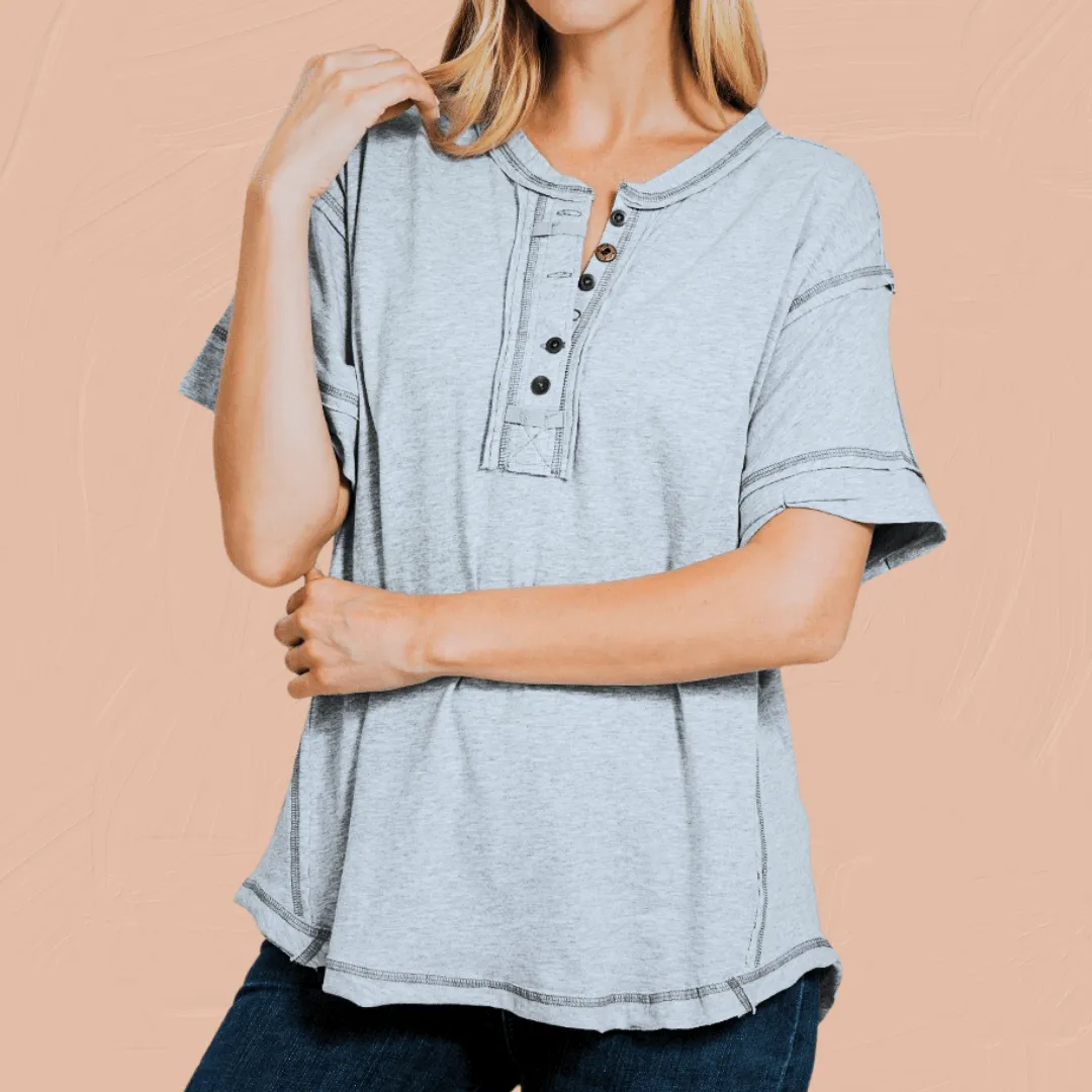 Raw Edge Detailed Button Closure Short Sleeve Top