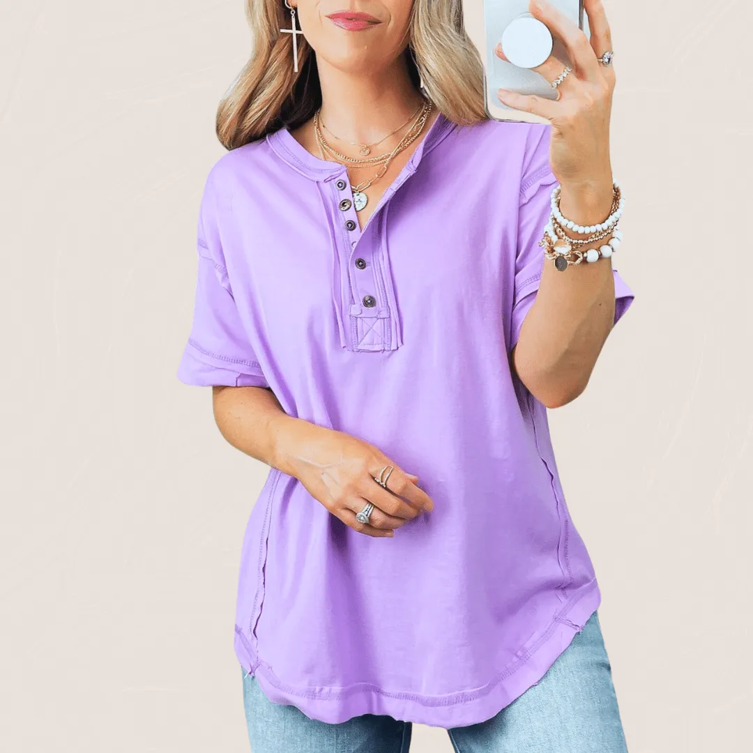Raw Edge Detailed Button Closure Short Sleeve Top