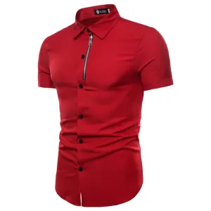 Red Mens Short Sleeve Button up Shirts - Tailored Slim Fit Cotton Dress Shirts