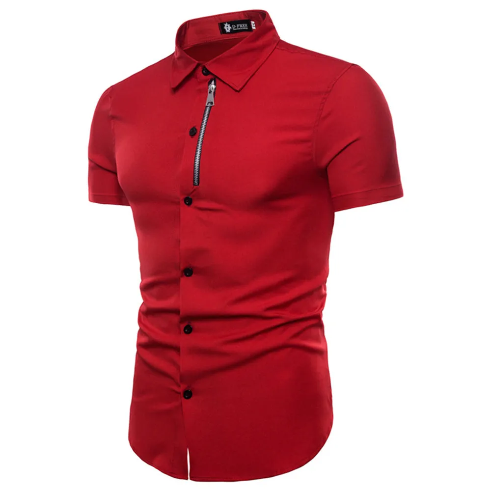 Red Mens Short Sleeve Button up Shirts - Tailored Slim Fit Cotton Dress Shirts