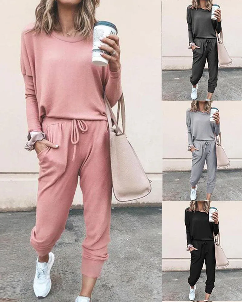 Round Collar Lace-up Long Sleeve Casual Two-piece Sport Set Home Workout Fitness Home Outfit