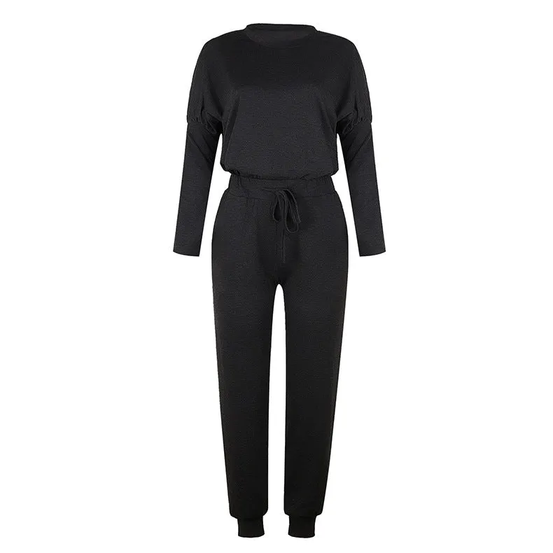 Round Collar Lace-up Long Sleeve Casual Two-piece Sport Set Home Workout Fitness Home Outfit