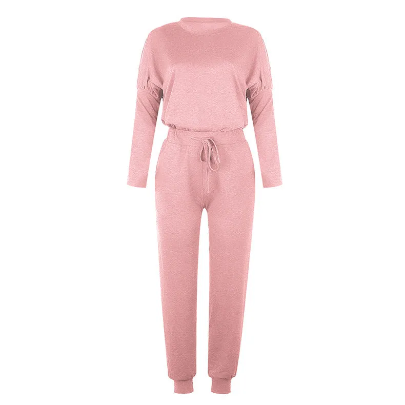 Round Collar Lace-up Long Sleeve Casual Two-piece Sport Set Home Workout Fitness Home Outfit