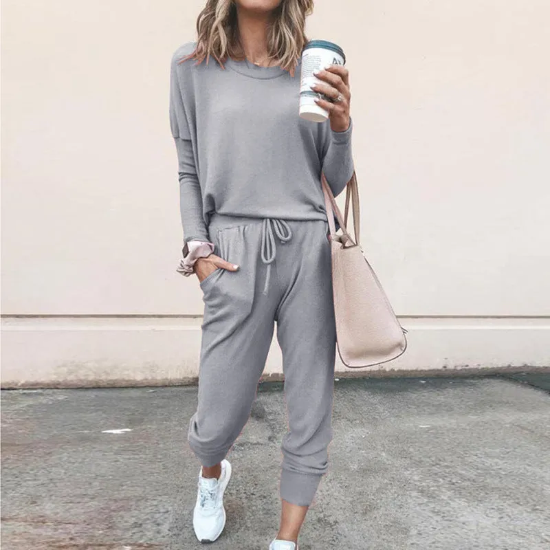 Round Collar Lace-up Long Sleeve Casual Two-piece Sport Set Home Workout Fitness Home Outfit