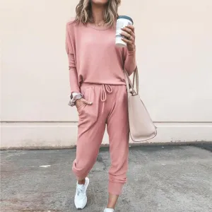 Round Collar Lace-up Long Sleeve Casual Two-piece Sport Set Home Workout Fitness Home Outfit